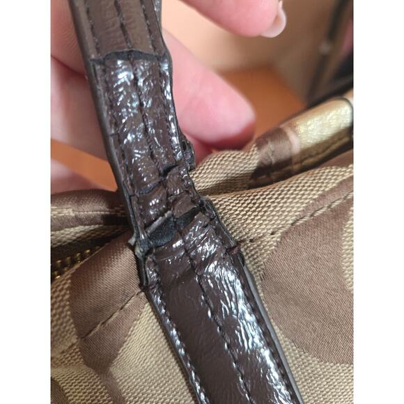 Authentic Coach Monogram Khaki and Vermillion Striped Shoulder Bag Tote Medium - Picture 10 of 13